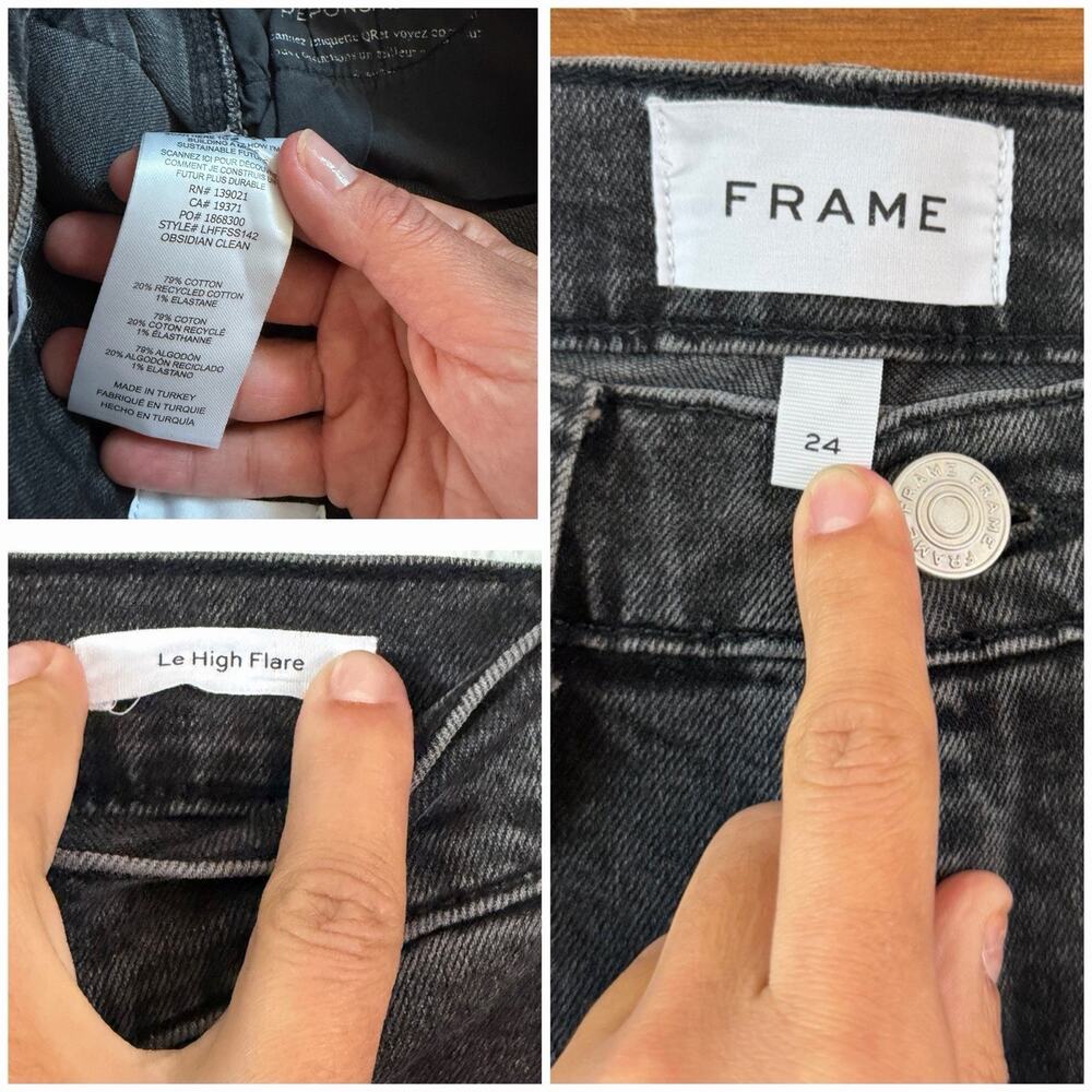 FRAME Le High Flare Jeans 24 Obsidian Clean Black Wash Split Hem Stretch - Picture 5 of 10